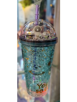 Ada Çanta Kırtasiye Işıklı Model Süslü Kapaklı Pipetli Plastik Bardak 470ML AD63626