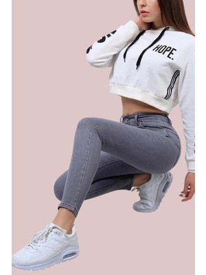 Byhaziran Butik Imad Kadın Likralı Yüksek Bel Dar Paça Gri Kot Pantolon