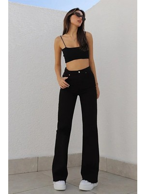 Arvib Power Likralı Kadın Siyah Yüksek Bel Salaş Paça Salaş Jans Kot Pantolon VIB007