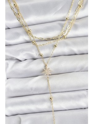 Vice Avm Pirinç Gold Renk Kutup Yıldızı Detaylı 3'lü Kombin Kadın Kolye EB-53-vice/(1395) 3262