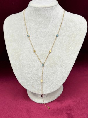 Calista Aksesuar Mavi Damlalı ve Altın Detaylı Gold Y Kolye