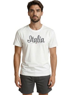 Color Luxe Zarif El Yazısı ''ıtalia'' ve Minimal Bayrak Baskılı Tasarım Premium Erkek Tişört