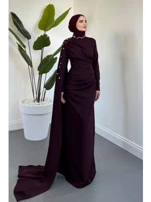 Merven Akyüz Feranya Yandan Taşlı Pelerinli Balık Abiye Mürdüm