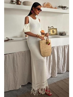 Nuvıraa Omuz Detaylı Etek Ücü Püsküllü Triko Elbise 2862