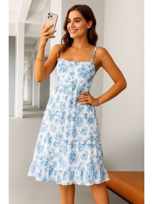 Nuvıraa Kadın Sıfır Kol Askılı Dekolteli Yırtmaç Detay Çiçek Baskılı Süprem Midi Elbise