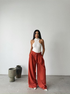 Nuvıraa Palazzo Pantolon Kumaş Kemer Detaylı - Kiremit