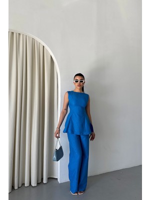 Nuvıraa Jakar Keten Kolsuz Bluz-Pantolon Tk - Mavi