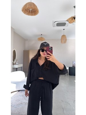 Nuvıraa Kadın Flamlı Keten Tek Cep Oversızed Gömlek