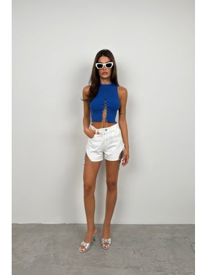 Nuvıraa Taş Detay Dekolteli Crop Bluz