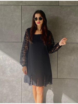 Nuvıraa Kadın Uzun Kollu Yuvarlak Yaka Kol ve Etek Ucu Dantelli Kısa Ithal Krep Elbise