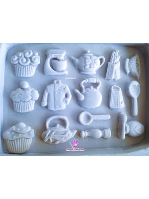 Morlalem 15'li Şef Seti Mutfak Temalı Mini Objeler Silikon Kalıp K-1133, Taş Tozu Sabun Alçı Mum Kalıbı