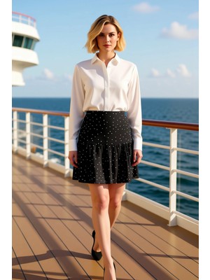 Benerly Kadın Puantiyeli Mini Dokuma Etek Yüksek Bel A Kesim Fonksiyonel Dayanıklı Kaliteli Modern