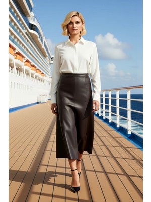 Benerly Kadın Yüksek Bel A Kesim Maxi Etek Düz Cep Detaylı Suni Deri Fonksiyonel Dayanıklı Estetik