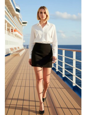 Benerly Kadın Yüksek Bel A Kesim Mini Dokuma Etek Düz Desen Gabardin Kumaş Fonksiyonel Dayanıklı Şık