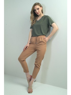 By Saygı Kadın Beli Lastikli Yandan Cepli Havuç Paça Pantolon