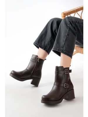 Zerenyus ZRİN-3027 Premium Kahverengi Topuklu Fermuarlı Günlük Kadın Bot