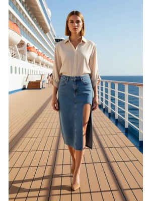 Benerly Kadın Yırtmaçlı Midi Denim Etek Yüksek Bel Kalem Kalıp Düz Desen Fonksiyonel Dayanıklı Şık