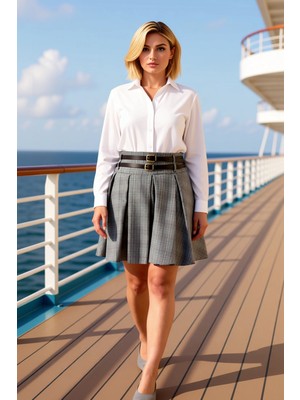 Benerly Kadın Pileli Mini Etek Kemerli Dokuma Kareli Kalıp Fonksiyonel Dayanıklı Kaliteli Konforlu