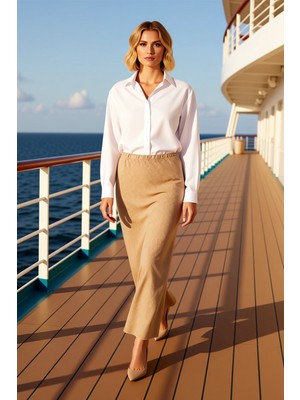 Benerly Kadın Yüksek Bel Midi Etek Düz Kalıp %100 Keten Fonksiyonel Dayanıklı Kaliteli Konforlu Şık