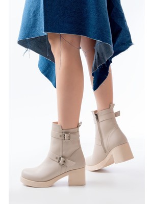 Zerenyus ZRİN-3027 Premium Bej Topuklu Fermuarlı Günlük Kadın Bot