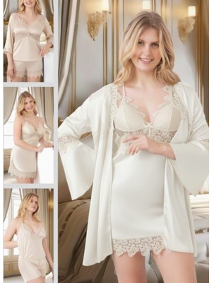 Miss Ayza Pierre Paris Ipek Saten 6'lı Kısa Gecelik ve Sabahlık Çeyiz Seti