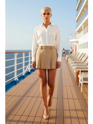 Benerly Kadın Gabardin Pileli Mini Etek Normal Bel Kemerli Fonksiyonel Dayanıklı Kaliteli Konforlu