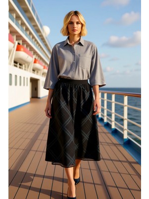 Benerly Kadın A Kesim Yüksek Bel Ekose Desenli Maxi Etek Fonksiyonel Dayanıklı Kaliteli Konforlu Şık