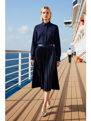 Benerly Kadın Midi Piliseli Dokuma Etek Yüksek Bel Lastikli Kalıp Fonksiyonel Dayanıklı Kaliteli Şık