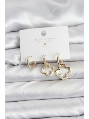 Clariss Yonca Model Gold Renk Pirinç 3'lü Kadın Küpe Seti