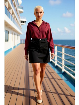 Benerly Kadın Yüksek Bel A Kesim Denim Etek Düz Desen %100 Pamuk Kalıp Fonksiyonel Dayanıklı Rahat