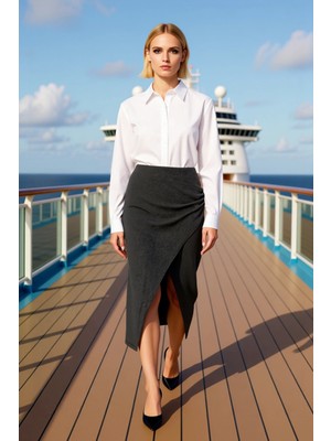 Benerly Kadın Midi Etek Kruvaze Yaka Büzgülü Kalem Kalıp Fonksiyonel Dayanıklı Kaliteli Konforlu Şık
