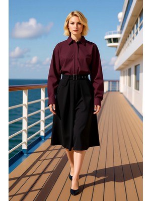 Benerly Kadın Kloş Midi Etek Cep Detaylı Gabardin Kemerli Fonksiyonel Dayanıklı Kaliteli Konforlu Şık