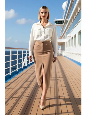 Benerly Kadın Düz Desen Yüksek Bel Önden Yırtmaç Detaylı Midi Boy Kalem Kesim Süet Görünümlü Örme Etek