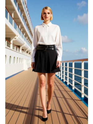 Benerly Kadın Piliseli Mini Etek Çift Kemerli Dar Kalıp Fonksiyonel Dayanıklı Kaliteli Konforlu Şık