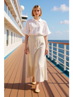 Benerly Kadın Maxi Etek Düz Desen Keten Görünümlü Beli Lastikli Fonksiyonel Dayanıklı Kaliteli Şık