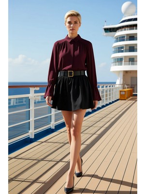 Benerly Kadın Mini Balon Etek Yüksek Bel Düz Dokuma %96 Pamuk %4 Polyester Fonksiyonel Dayanıklı Şık