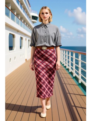 Benerly Kadın Kalem Yüksek Bel Ekose Desenli Maxi Örme Etek %99 Polyester %1 Elastan Fonksiyonel Şık