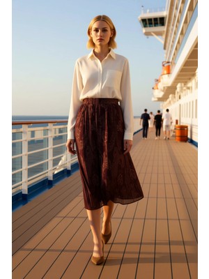 Benerly Kadın Midi Piliseli Şal Desenli Dokuma Etek Normal Bel Fonksiyonel Dayanıklı Kaliteli Spor