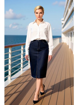 Benerly Kadın Yüksek Bel Ön Yırtmaçlı Midi Denim Etek Fonksiyonel Dayanıklı Kaliteli Konforlu Spor