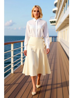 Benerly Kadın Yüksek Bel Düğmeli Midi Boy Gabardin Etek %100 Pamuk Fonksiyonel Dayanıklı Kaliteli Şık