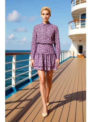 Benerly Kadın Mini Etek Yüksek Bel Fırfırlı Kalıp Çiçek Desenli %96 Polyester %4 Elastan Dayanıklı