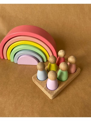Tiny Wood Waldorf 6 Parçalı Gökkuşağı, 6 Lı Peg Bebek Tabla Seti Pastel Renk Eşleştirme