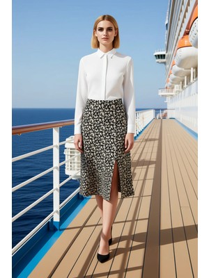 Benerly Kadın Çiçek Desenli Yırtmaçlı Midi Dokuma Etek Yüksek Bel A Kesim %100 Viskoz Fonksiyonel Şık