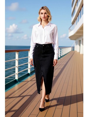 Benerly Kadın %100 Pamuk A Line Maxi Yırtmaçlı Denim Etek Fonksiyonel Dayanıklı Kaliteli Konforlu Şık