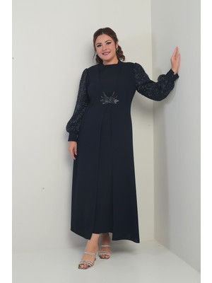 By Saygı Kadın Kolu ve Önü Pullu Büyük Beden Uzun Tesettür Elbise