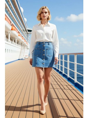 Benerly Kadın %100 Pamuk A Line Mini Etek Düğmeli Yüksek Bel Fonksiyonel Dayanıklı Kaliteli Modern