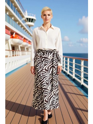 Benerly Kadın Animal Desenli Yırtmaçlı Sarong Kalıp Kuşaklı Midi Etek %100 Viskoz Fonksiyonel Spor