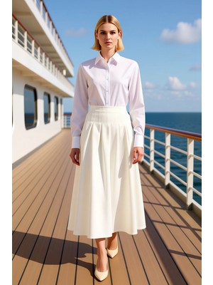 Benerly Kadın Yüksek Bel Pileli Maxi Etek %95 Polyester %5 Elastan Düz Desen Fonksiyonel Dayanıklı