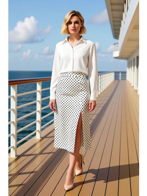 Benerly Kadın Puantiyeli Yüksek Bel Midi Dokuma Etek A Kesim %100 Viskoz Fonksiyonel Dayanıklı Şık