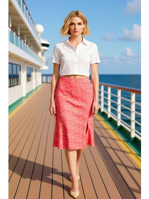 Benerly Kadın Çiçek Desenli Yırtmaçlı Midi Dokuma Etek Yüksek Bel A Kesim %100 Viskoz Fonksiyonel Şık